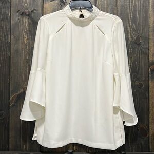Anna Cate Riley Top M Blouse White Open Slits Mock Neck Embroidered Flare Sleeve
